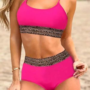Magenta Mesh Leopard Print Bikini Sets High Waist Two Pieces Swimsuit